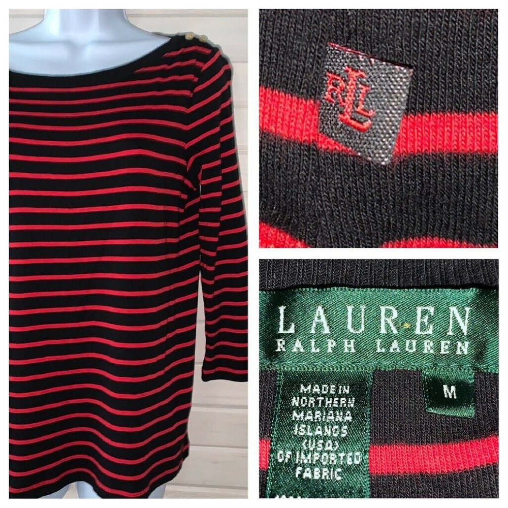 Ralph Lauren LRL Sz MEDIUM Knit Striped Top Pullover Black Red Gold Buttons EUC